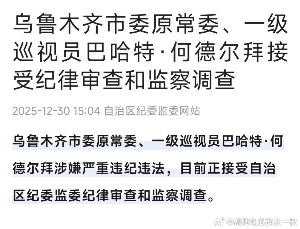 乌鲁木齐市委原常委巴哈特·何德尔拜接受审查调查。