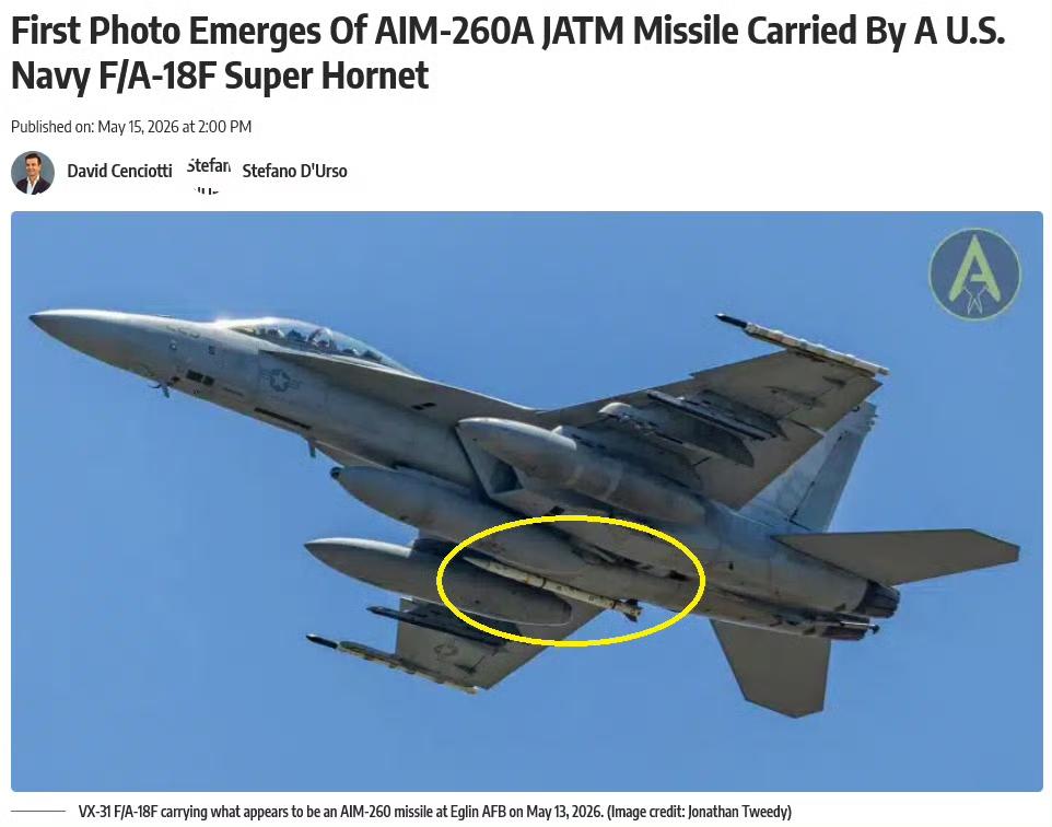 美国对标中国"霹雳-15"空空导弹AIM-260A终于露出真容，由美国海军F/A