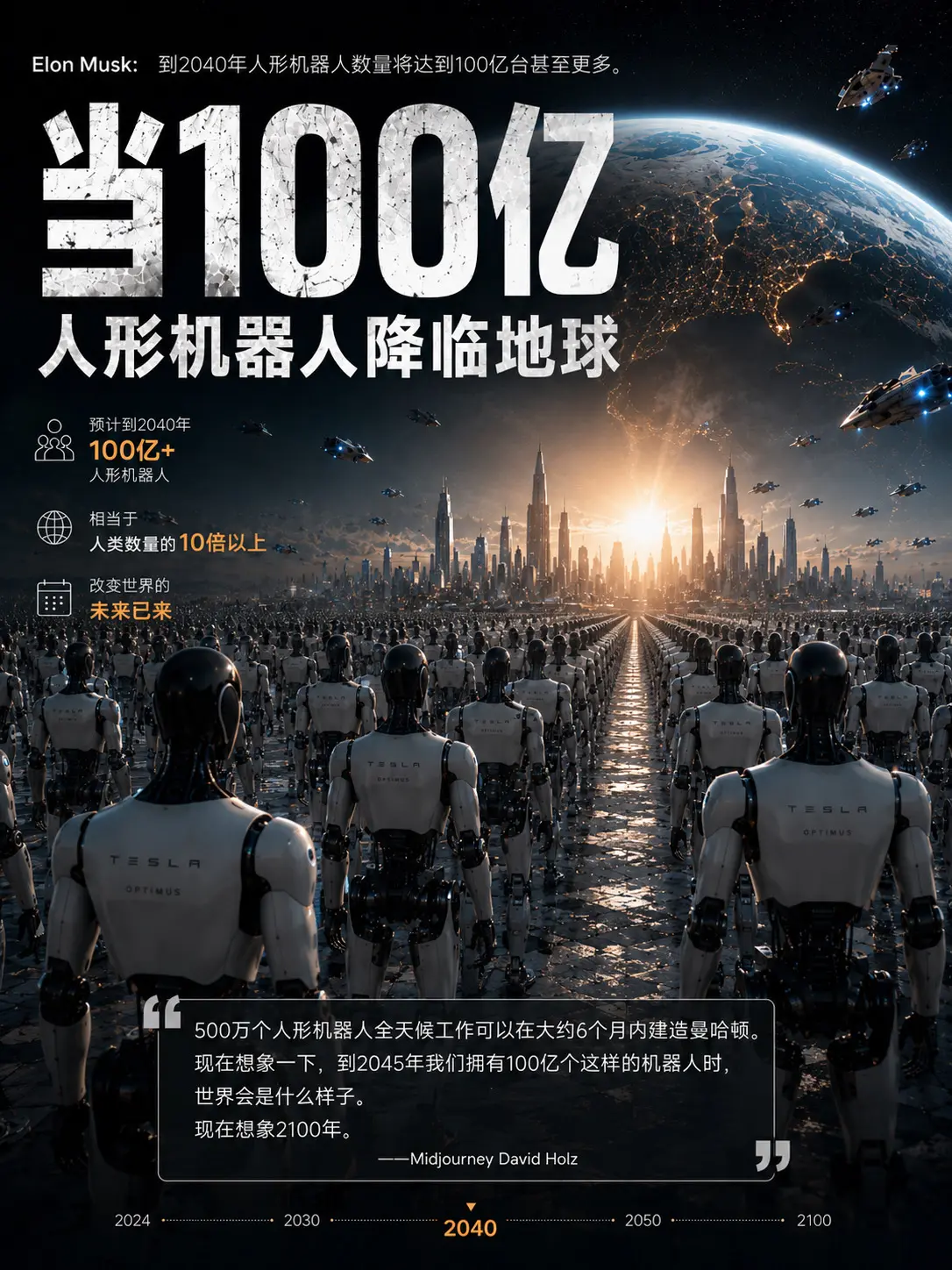 当100亿人形机器人降临地球。500万个人形机器人全天候工作可以在大约...