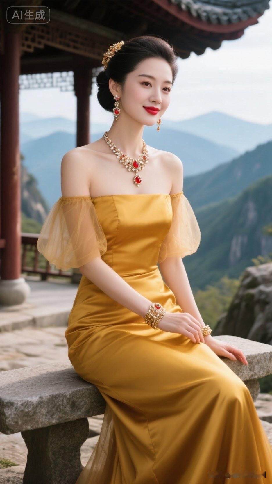 这姑娘穿着黄色礼服好漂亮！