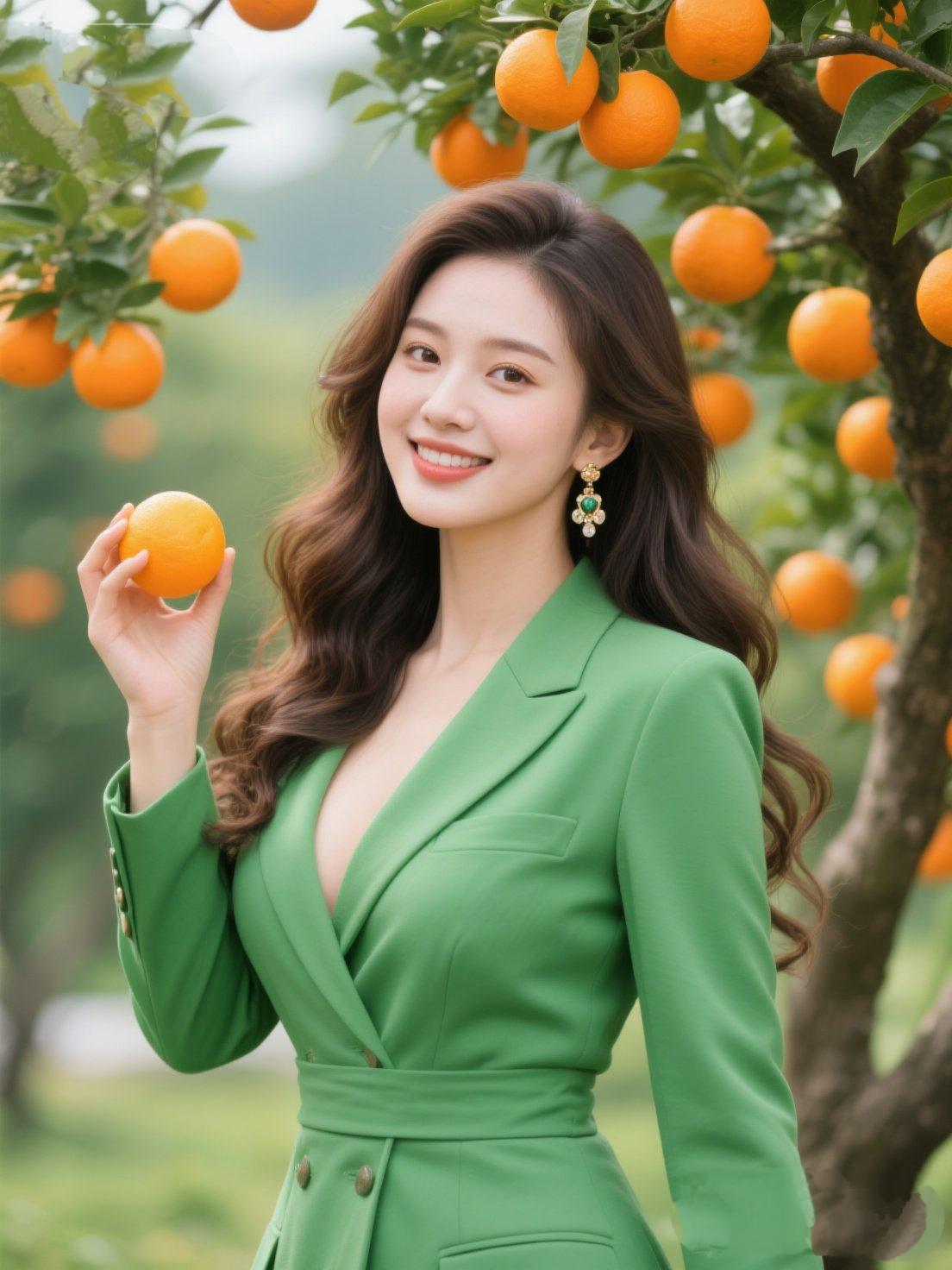 《橘园晴光》！翠裁衣袂惹风柔，金丸垂树满枝头。纤手轻拈橙色暖，笑涡漾作橘