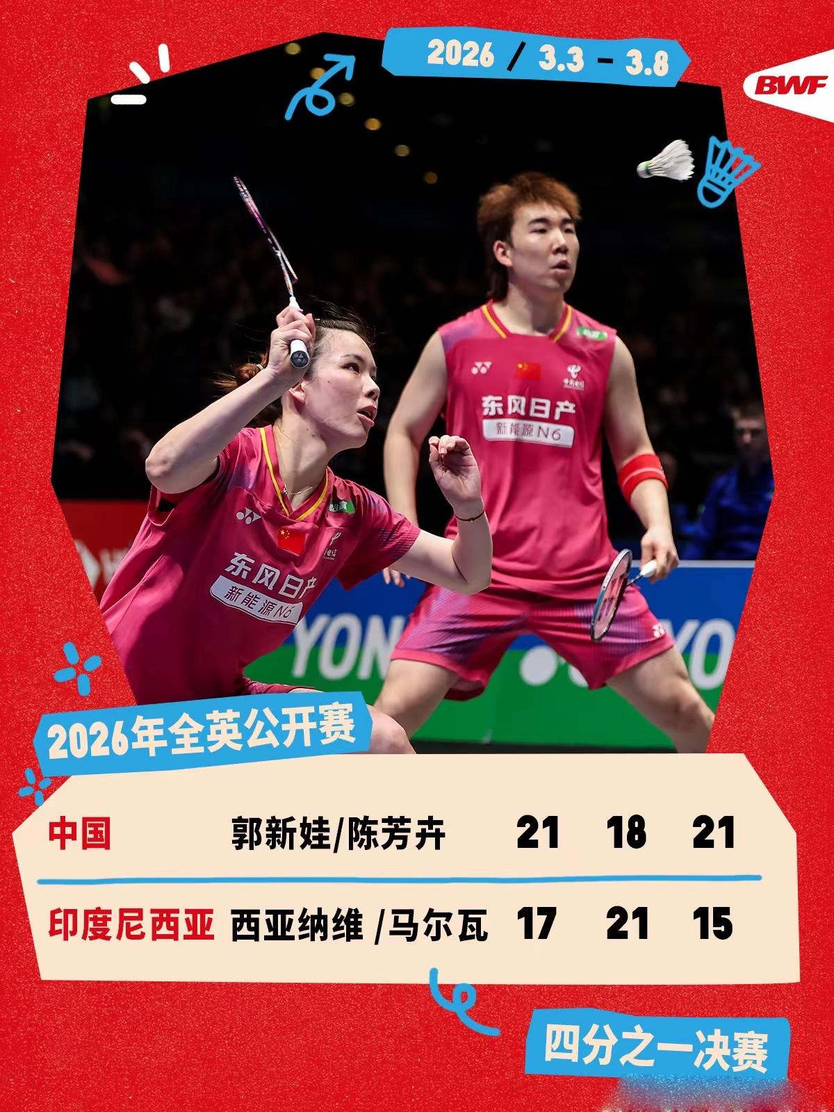 郭新娃/陈芳卉战胜印尼组合进全英四强，已经成为🇨🇳国羽混双独苗的两人，哪怕是