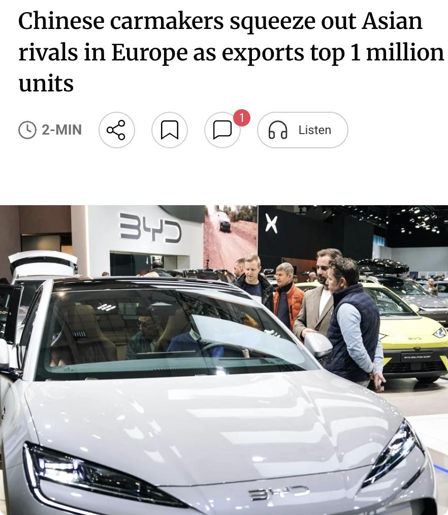 外媒：中国汽车制造商在欧洲市场快速崛起，挤压日韩对手份额。据欧洲汽车制造商协