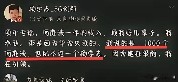 脸皮真厚！一事无成的他，今天承认何庭波一年的收入顶他好几辈子，说那是华为欠他的。
