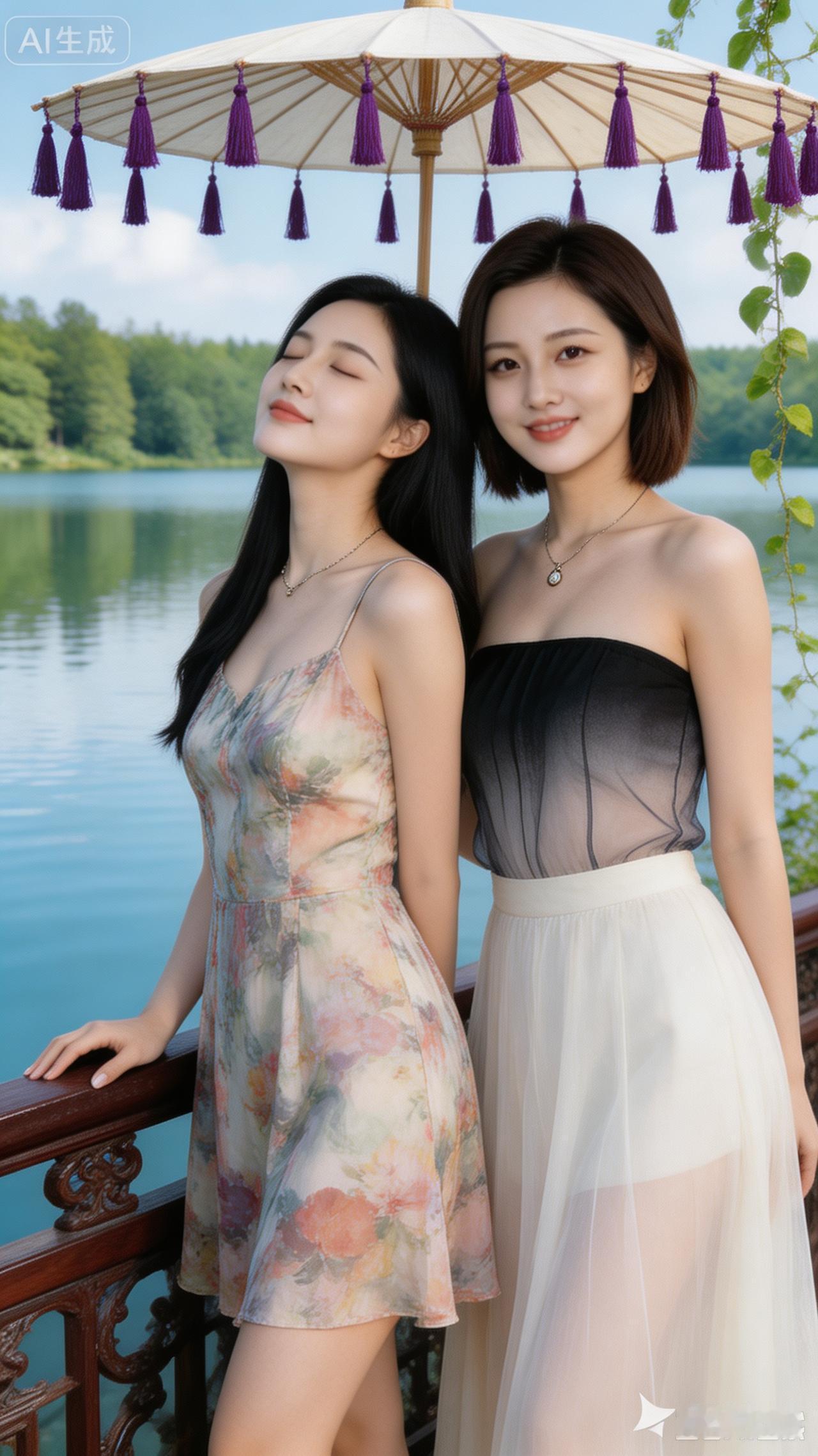 姐妹相伴湖边，美人美景