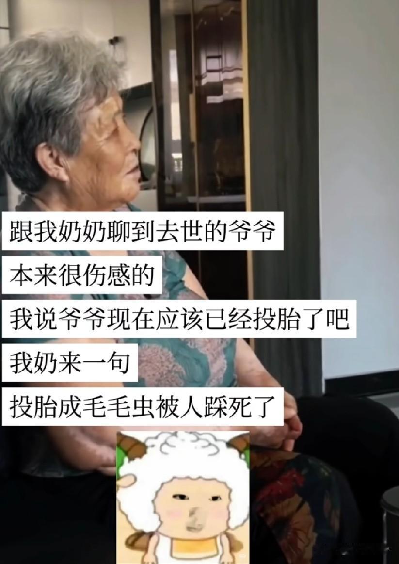 跟奶奶聊到去世的爷爷，本来很伤感的，说爷爷现在应该已经投胎了吧，奶来一句:投胎成
