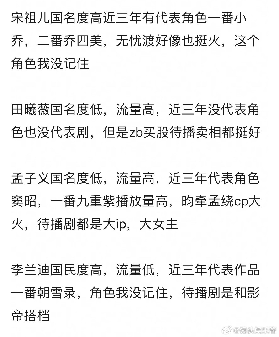 宋祖儿和孟子义，田曦薇，李兰迪这四个咖位怎么排