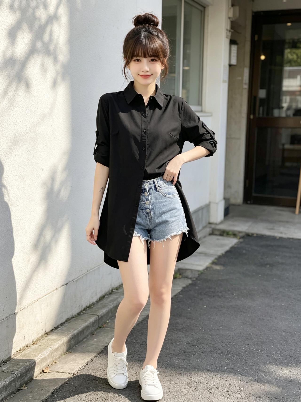 一个女孩穿着黑色衬衫和牛仔短裤，靠在墙边。气质穿搭怎么穿才恰到好处?高级感穿搭