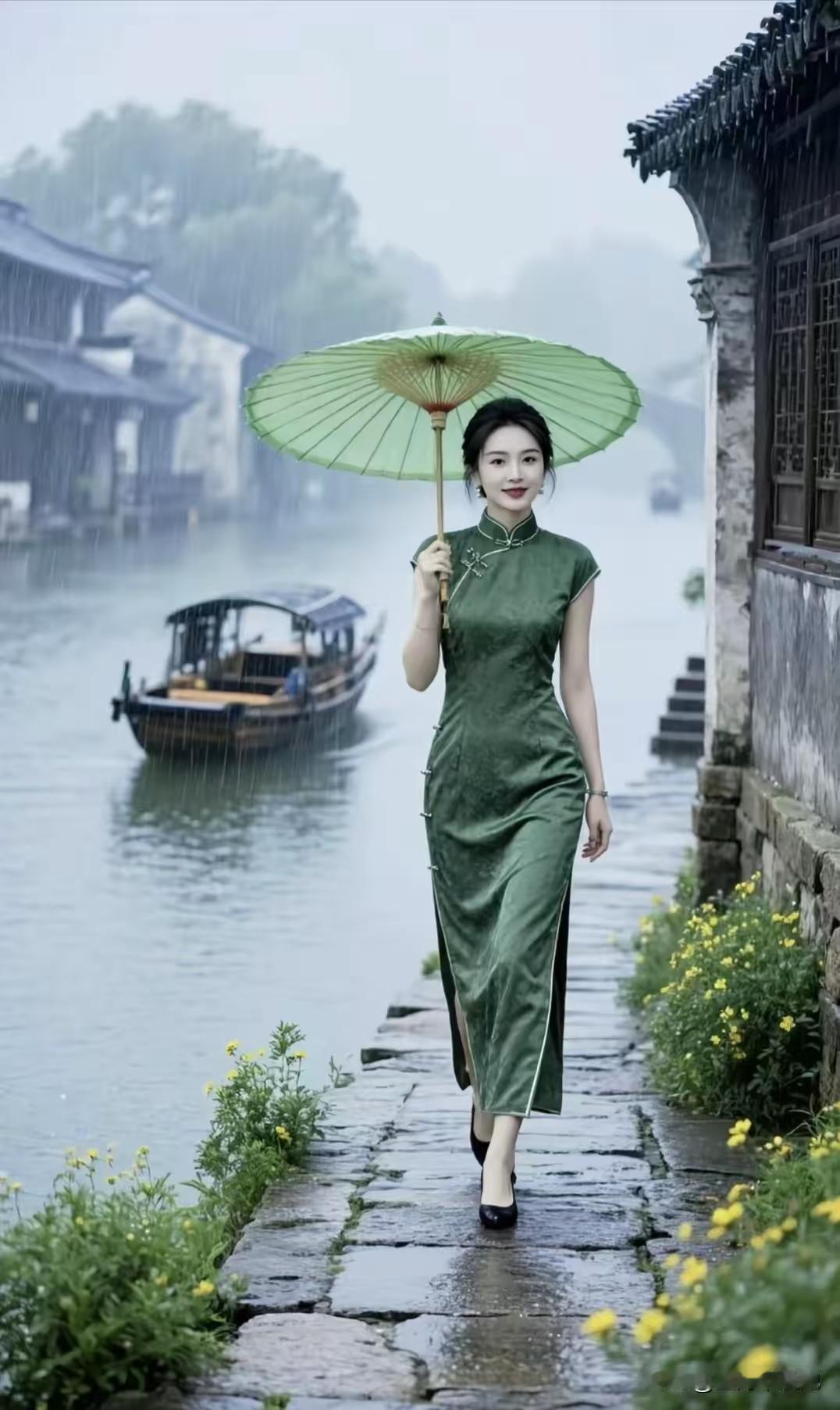 江南旗袍佳人烟雨江南古韵长，旗袍倩影立回廊。轻撑罗伞闲漫步，一径清风染暗