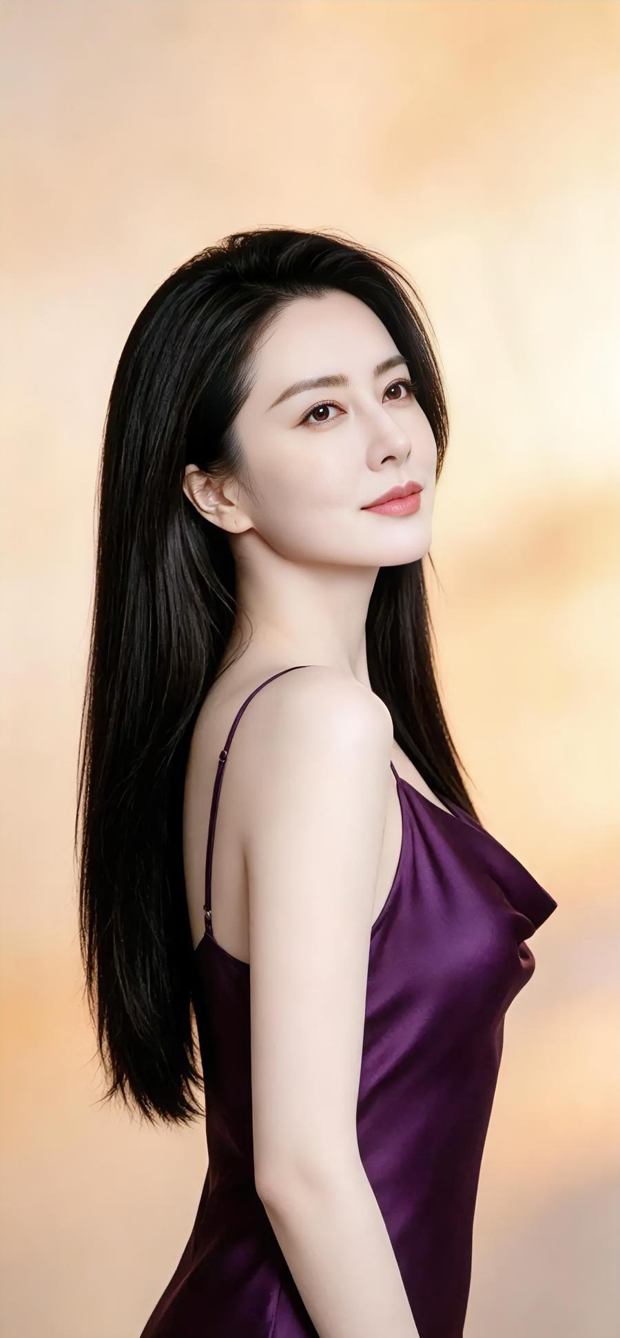 紫裙轻裹暮色，长发垂落如墨。回眸不语，暖光在肩头停泊。简单一瞬，