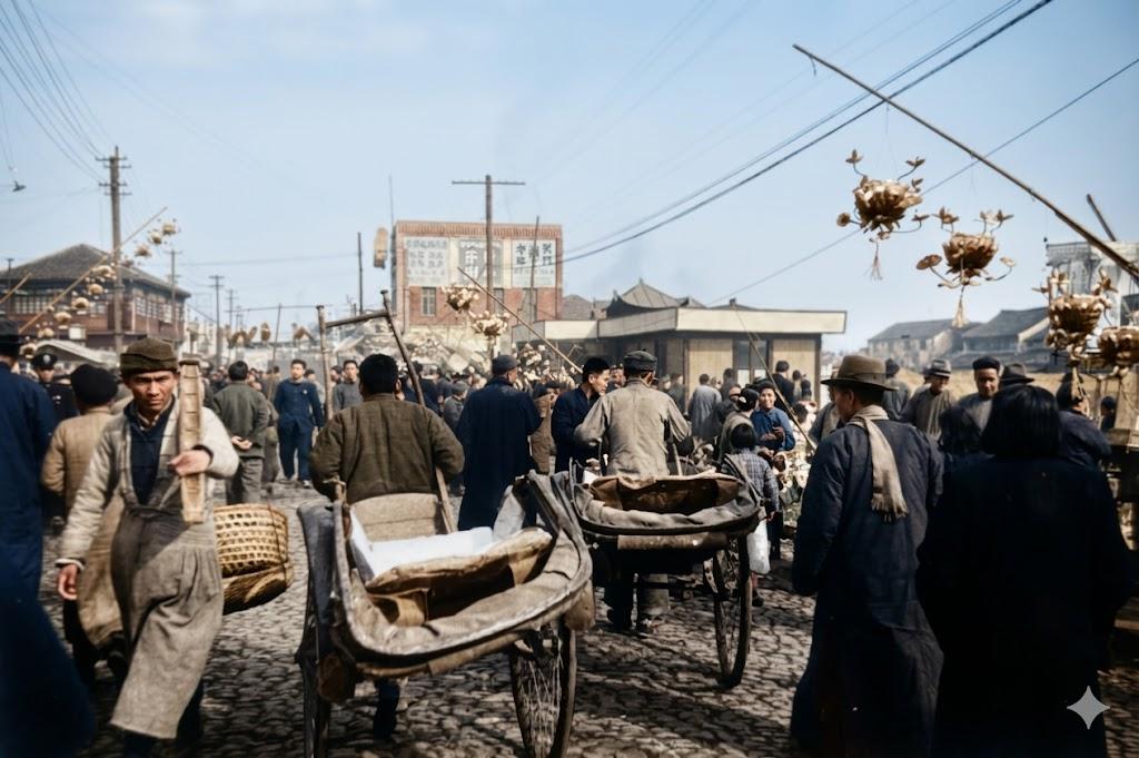 民国，南京夫子庙老街人头攒动、车马拥挤，路上几辆黄包车穿行在人流之间，街边竹竿悬