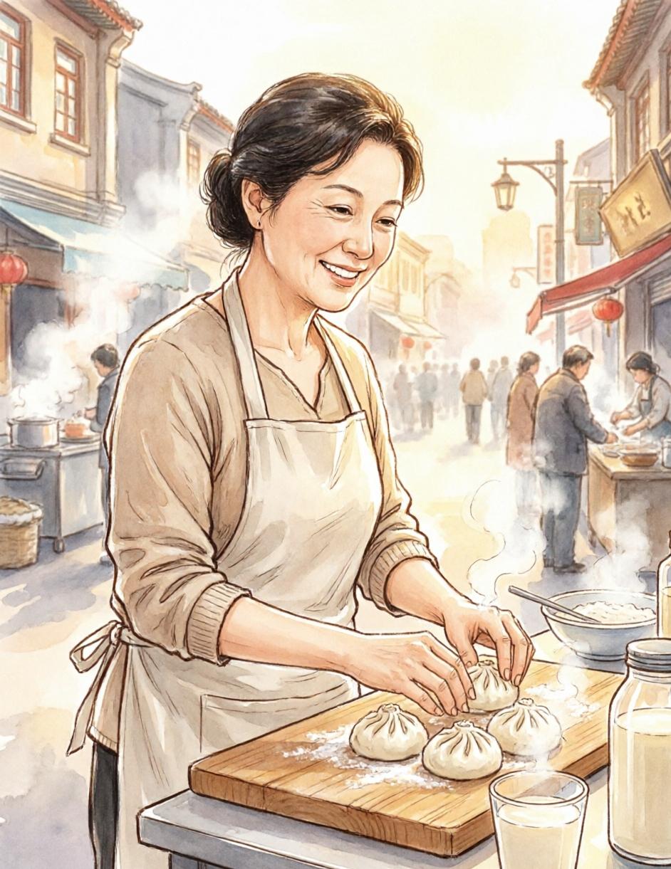 不是名牌加身，不是妆容精致。早晨六点的天津街头，我看见一位阿姨，围裙上还沾着