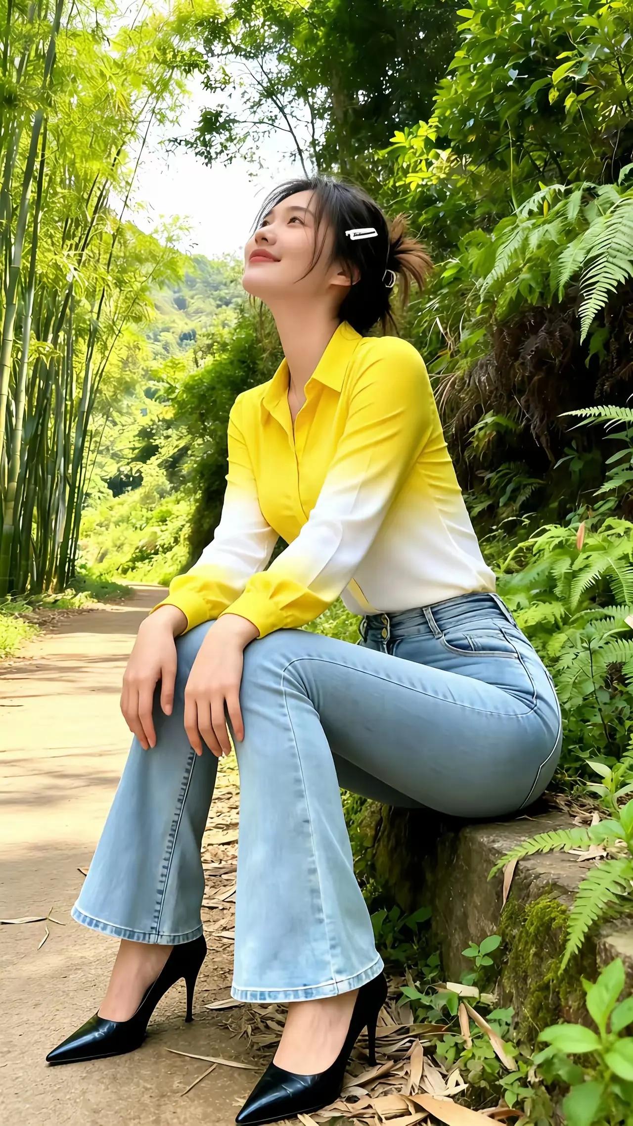 阳光明媚的午后，穿黄色衬衫的少女在竹林小径上微笑。