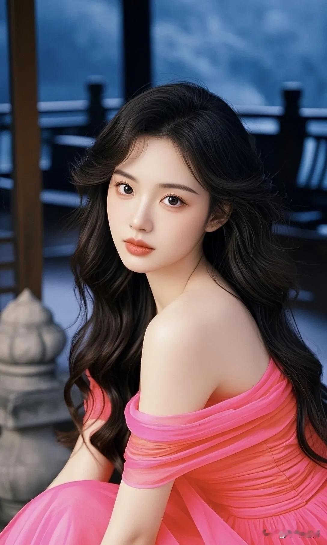 玫粉纱裙露肩藏娇，黛色背景衬出柔媚风情粉色长裙粉雾玫瑰吊带裙