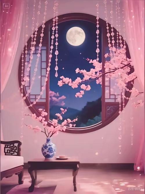 上联：半帘花影藏春梦，下联：一窗月色映桃花。