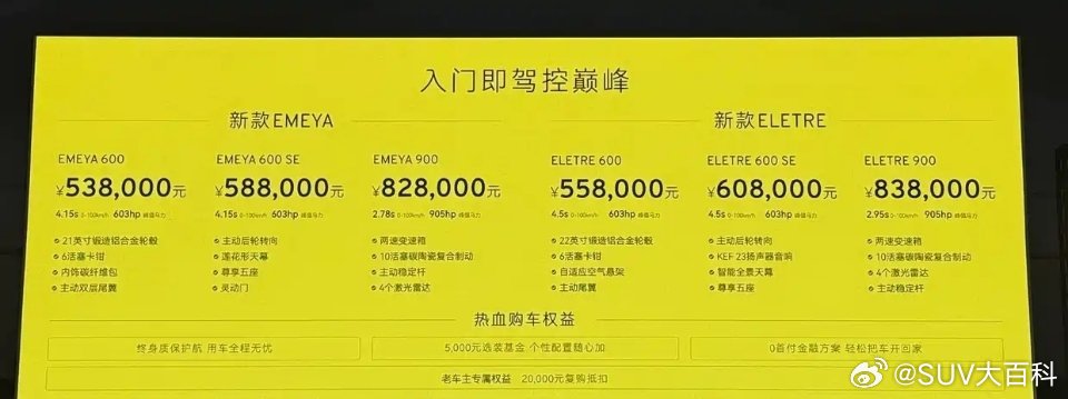 莲花eletre新款上市，全系3款车型，售价区间55.8-83.8万元年度改款