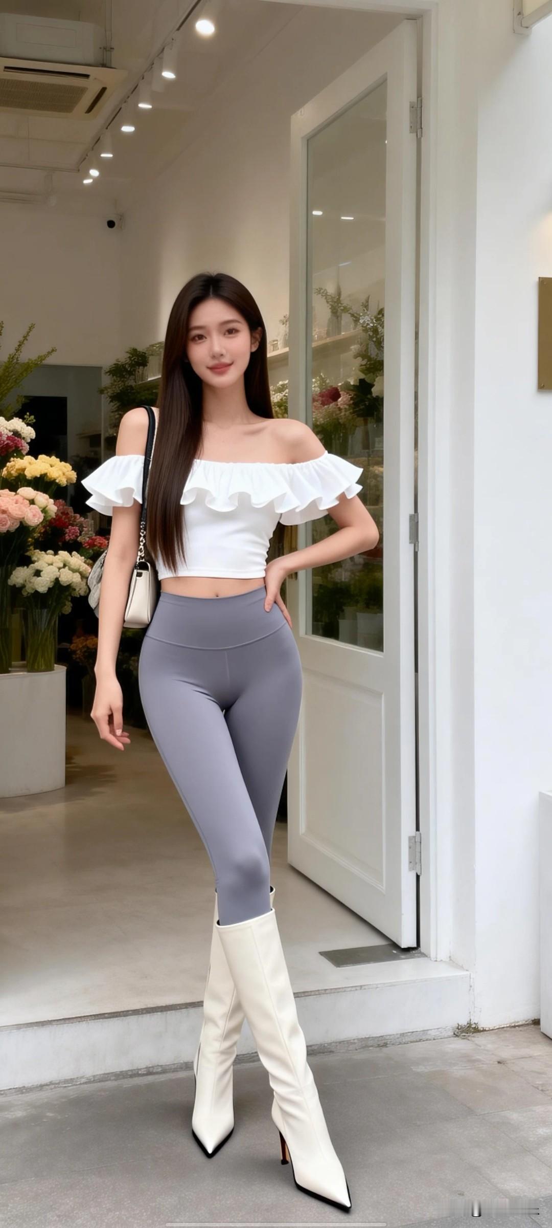 优雅气质穿搭，白色荷叶边上衣搭配灰色紧身裤，脚踩白色高跟靴，完美展现时尚魅力！