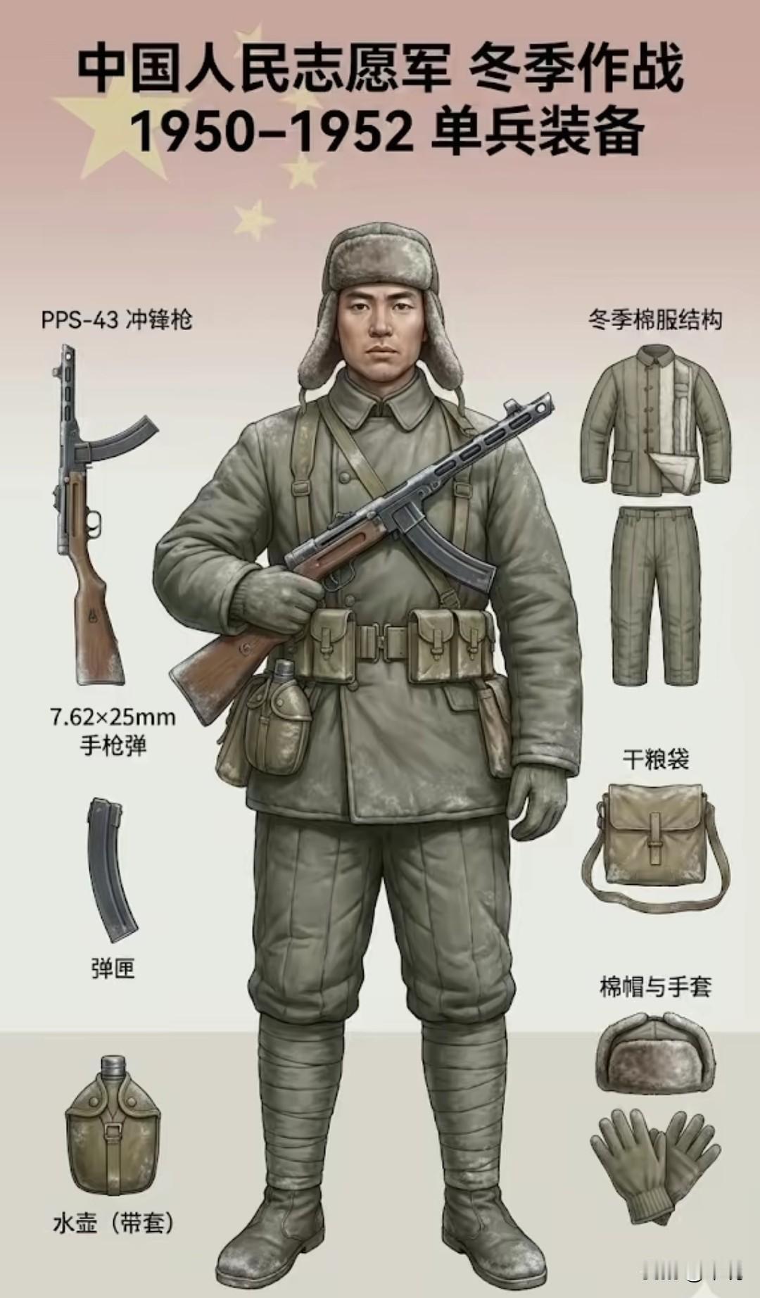 中国人民志愿军单兵装备虽比不上联合军，但实用且大多能配齐。穿的方面，50式御寒