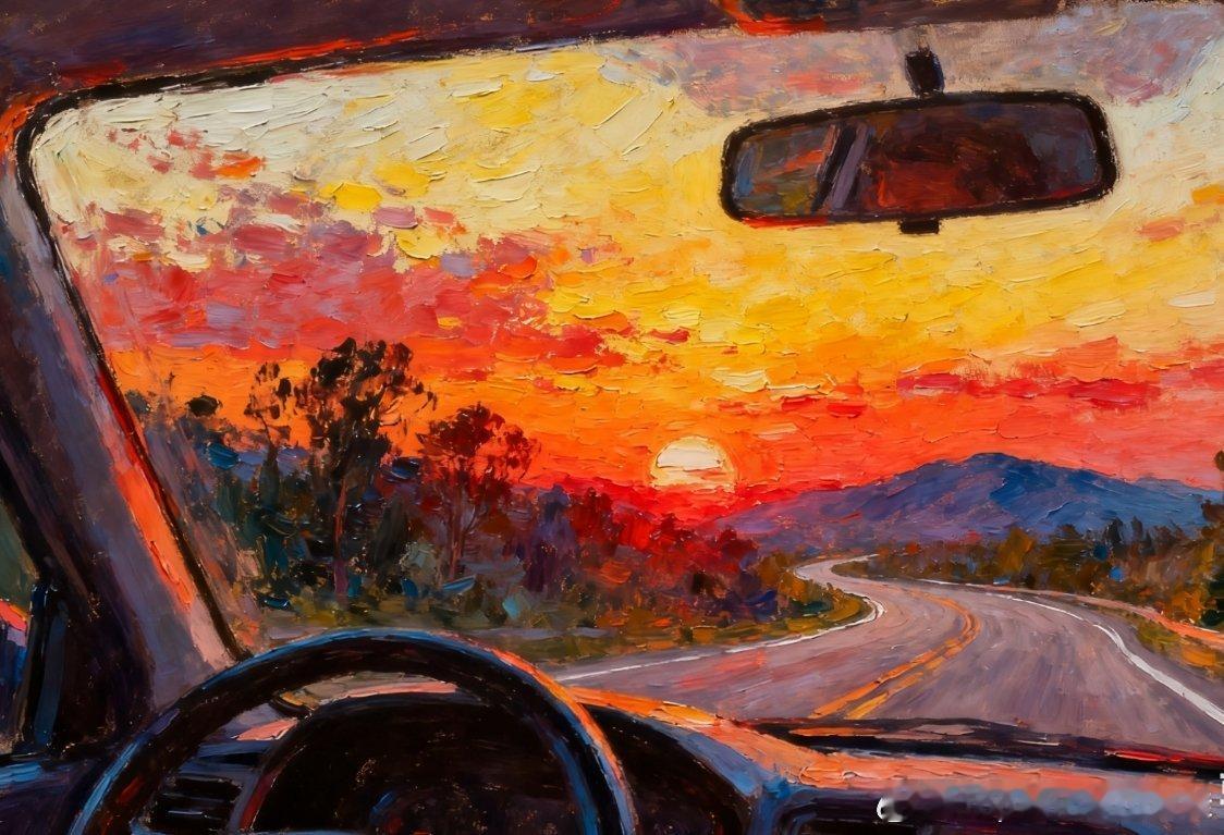 慢悠悠驾驶着自己的汽车，静静地感受沿途美景，有落日的余晖，也有飘散的枫叶，听一曲