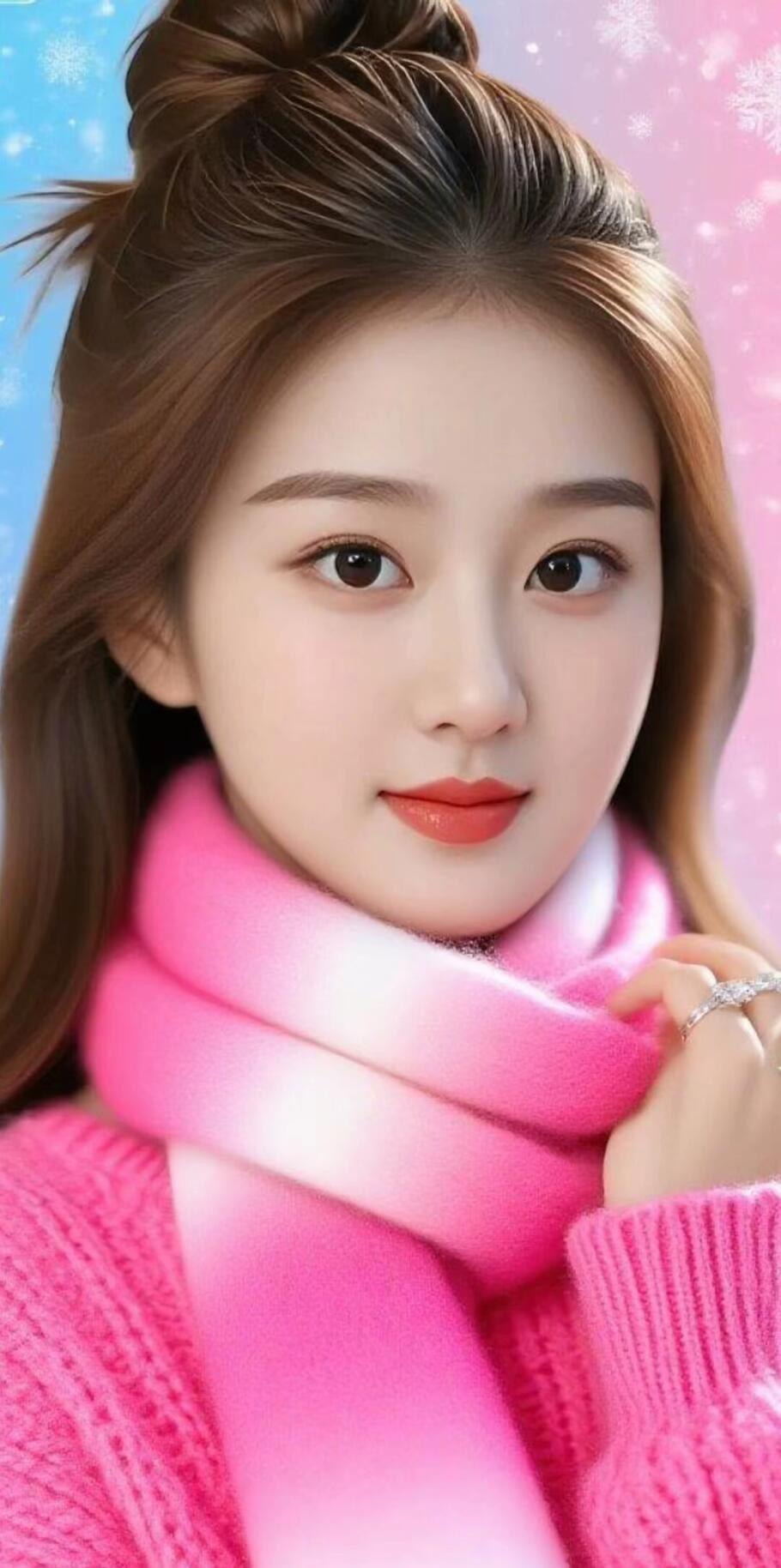 冬日暖阳下的甜美少女，粉色围巾搭配毛衣，温暖又可爱！🌞💖