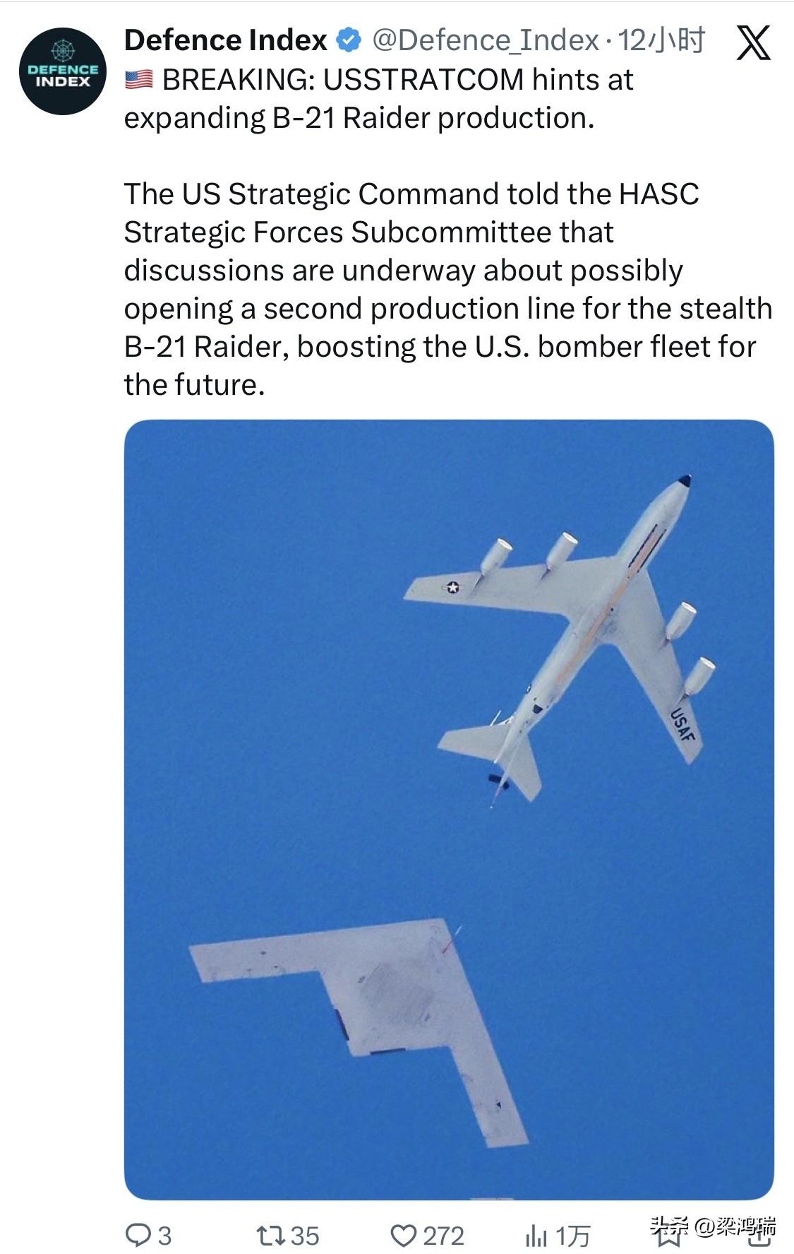 突发新闻：美国战略司令部暗示将扩大B-21“突袭者”轰炸机的生产。美国战略