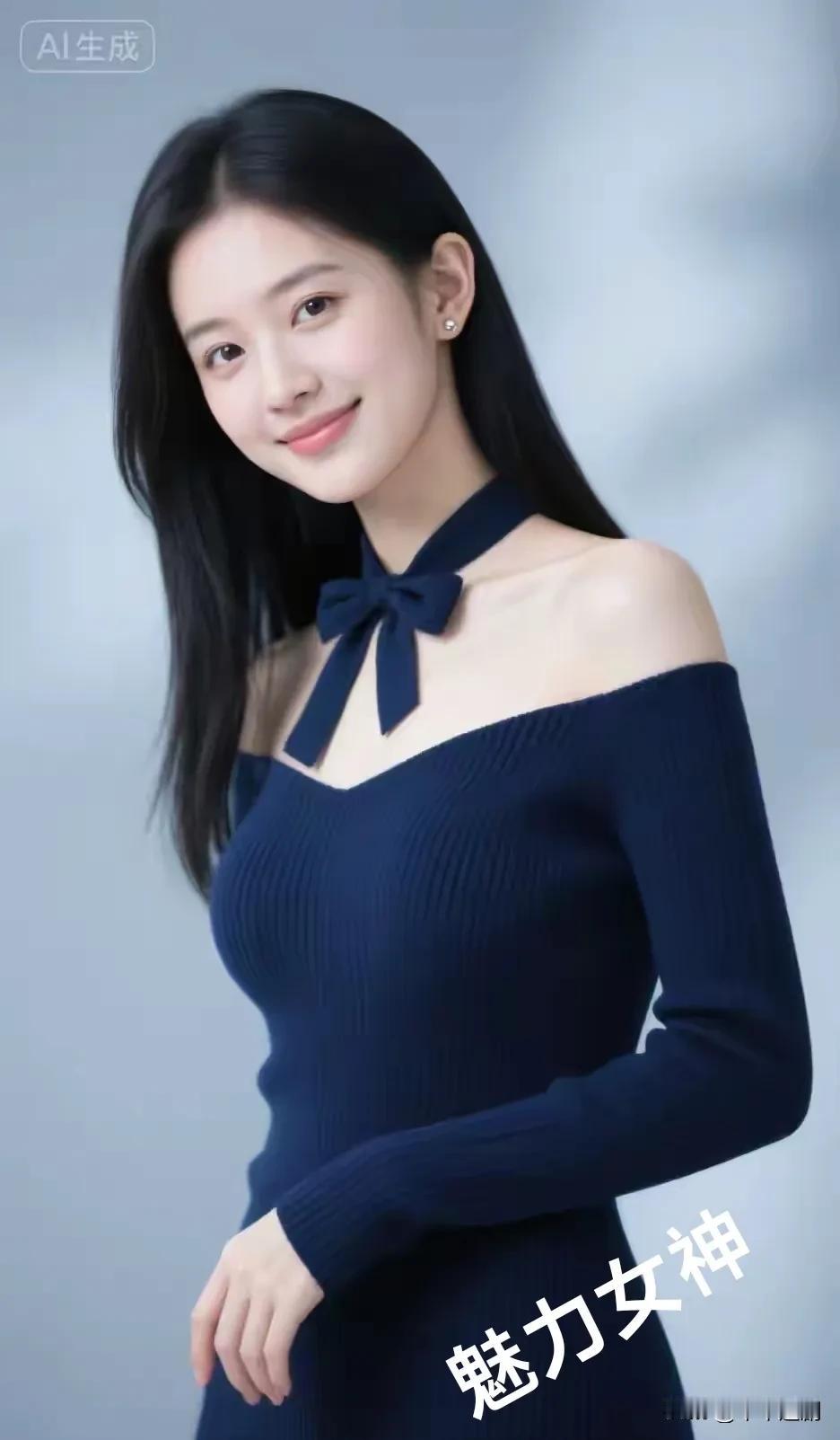 女人味是指女人什么?她身着藏蓝露肩针织裙，颈间蝴蝶结系出优雅风情，长发垂落，浅