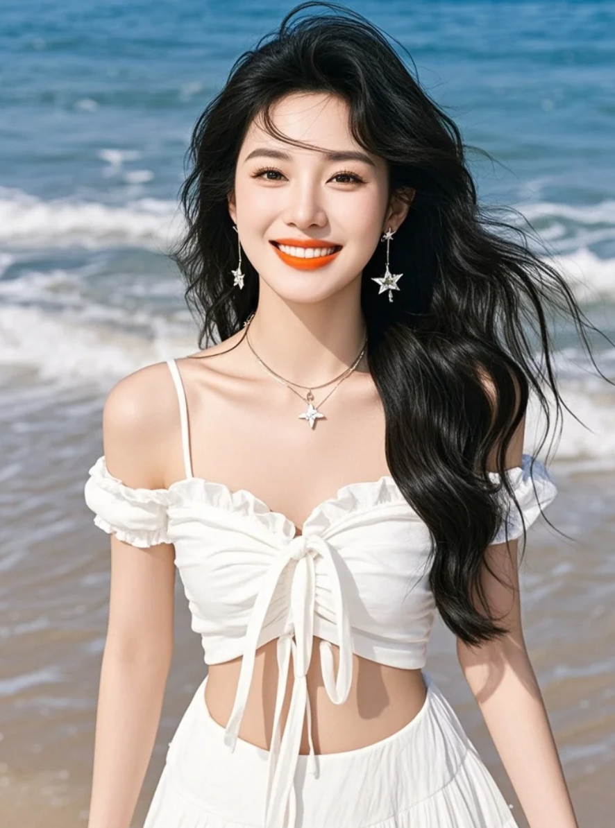 她在海边拍照，是夏天最美的风景