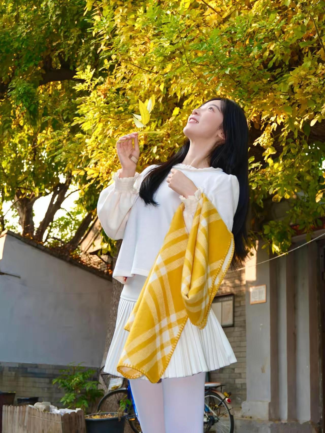 秋日暖阳下，少女与落叶共舞白丝