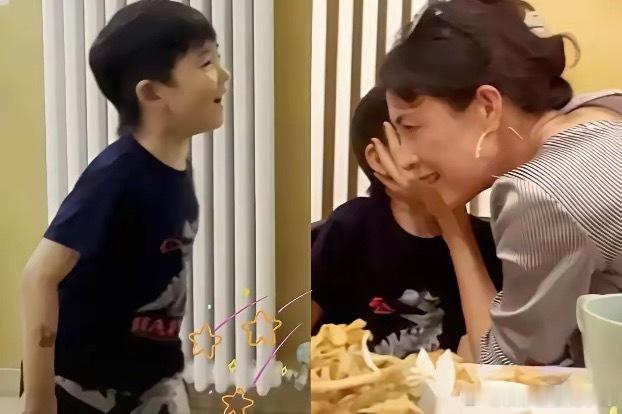 章子怡喝酒满脸通红与5岁儿子互动，章子怡五岁的儿子，身高竟已接近妈妈胸口，比例十