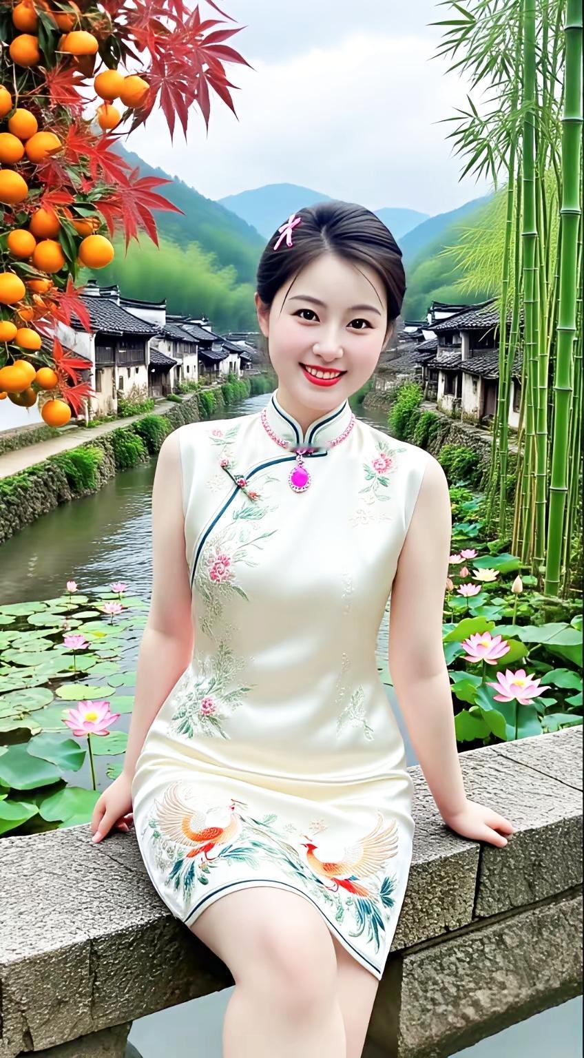 在古风小桥流水旁，穿着旗袍的少女微笑着，背景是青山绿水和盛开的荷花。