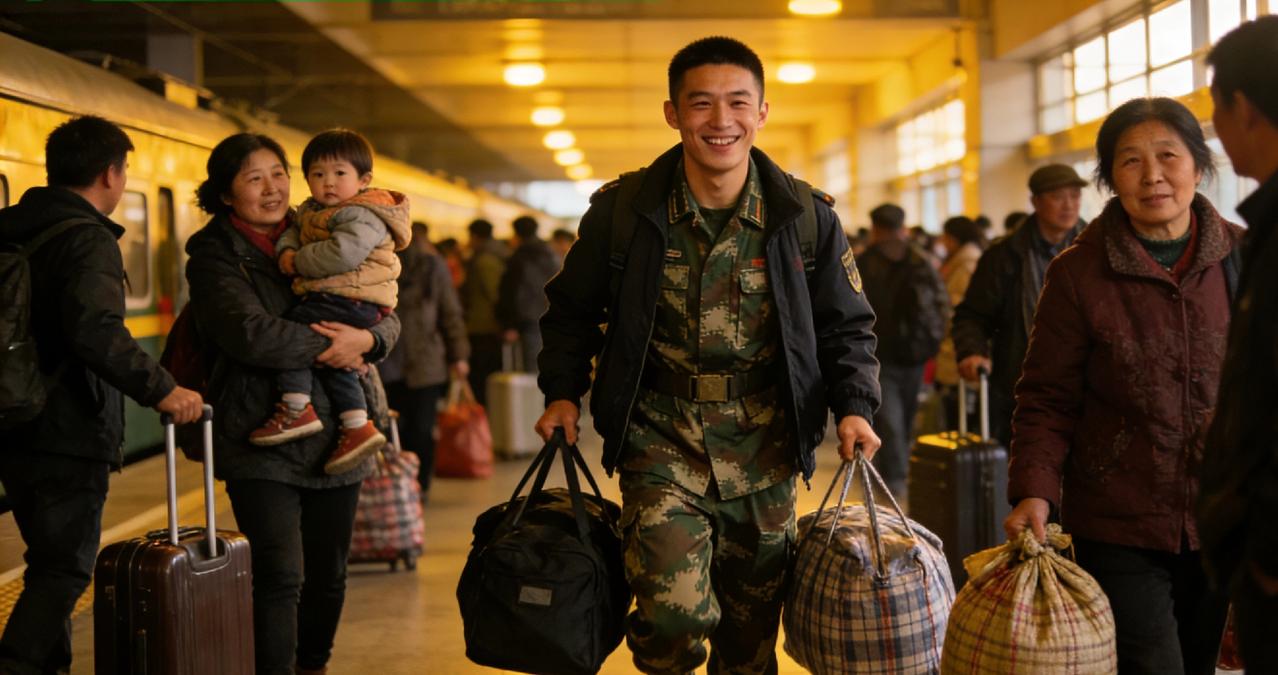 天南海北的兵哥哥也要回家过年了春节渐近，春运的人流里，多了不少身着便装、身