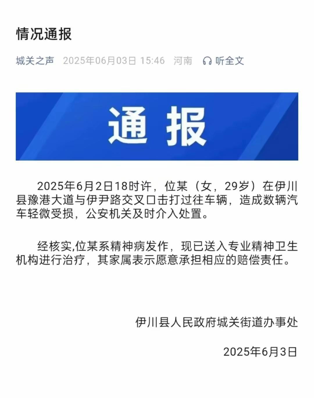 女子打砸多辆车后续，6月2日，河南洛阳一女子持械沿街无差别砸坏多辆车！据网友爆