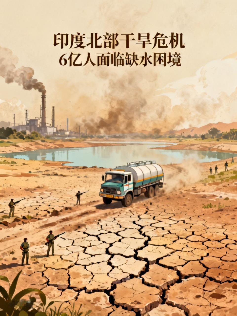 印度6亿人快渴死了！水库见底，运水车得配荷枪实弹的警卫印度北部极端高温在印度北