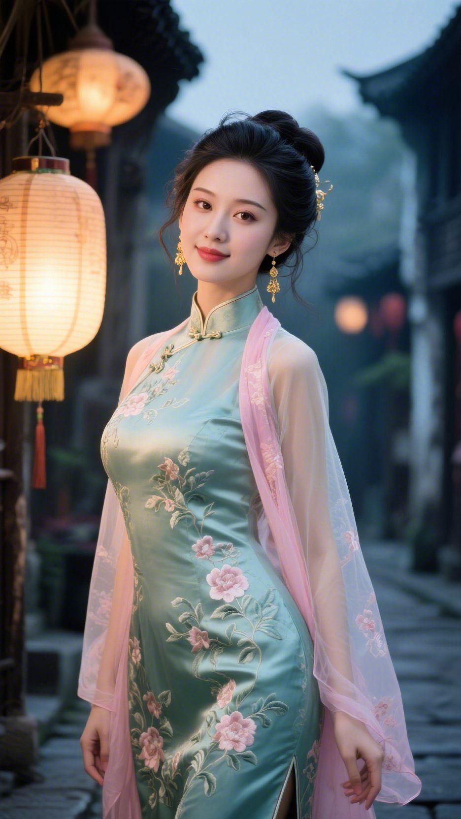 巷灯轻笼旗袍柔晨雾漫过古巷檐角，灯笼暖光浸软了石板路，她立在灯影里，像一帧