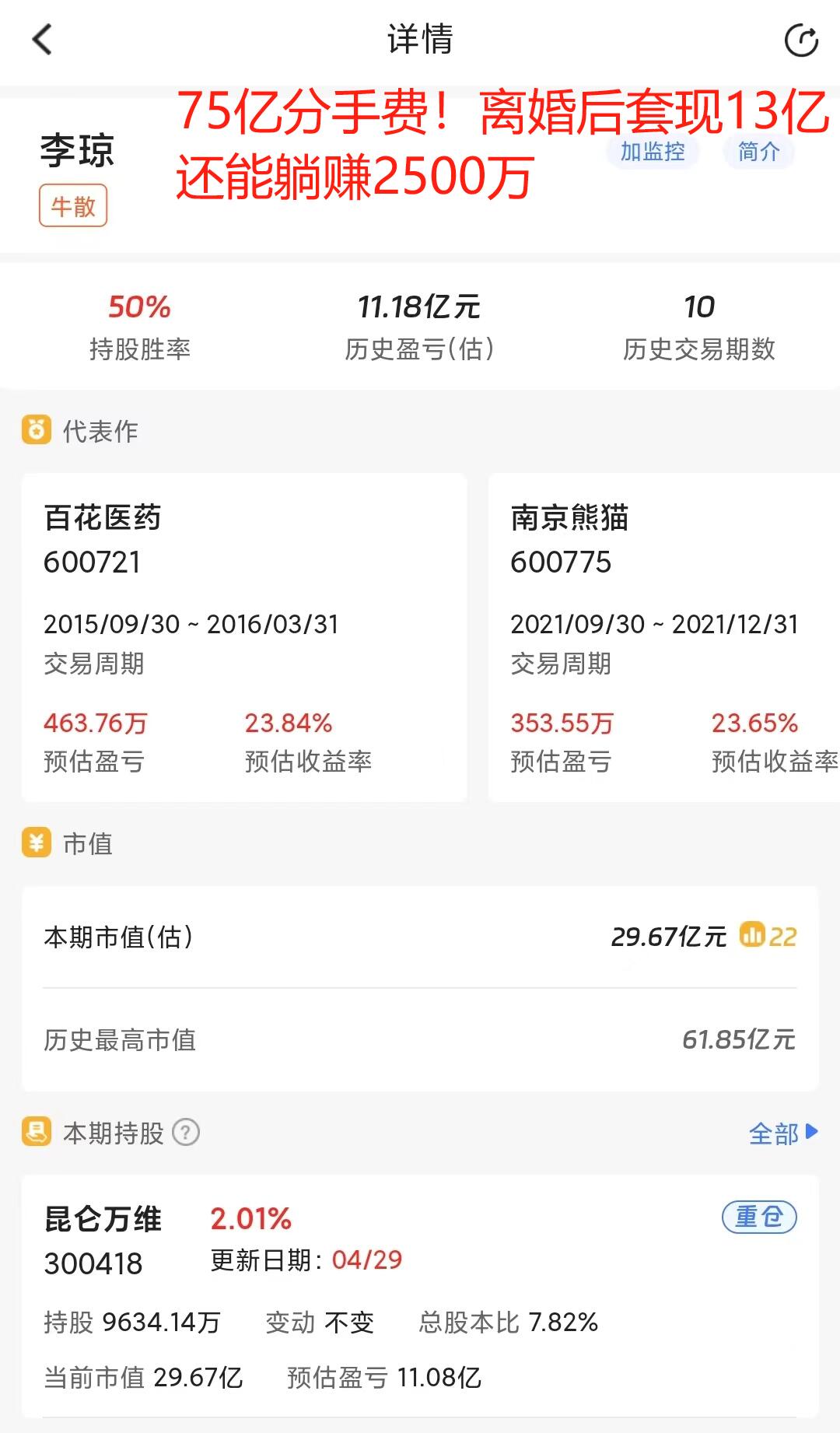 75亿分手费！离婚后套现13亿还能躺赚2500万