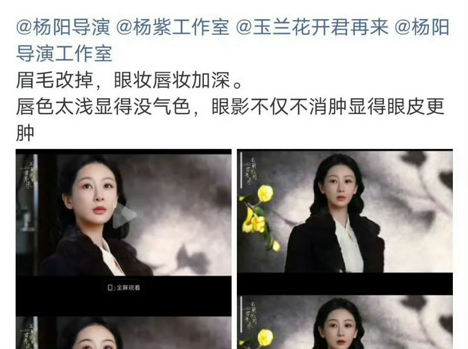 《玉兰花开君再来》定妆照出来，杨紫粉丝拿着精修图和ai图向杨紫工作室和导演妆造师