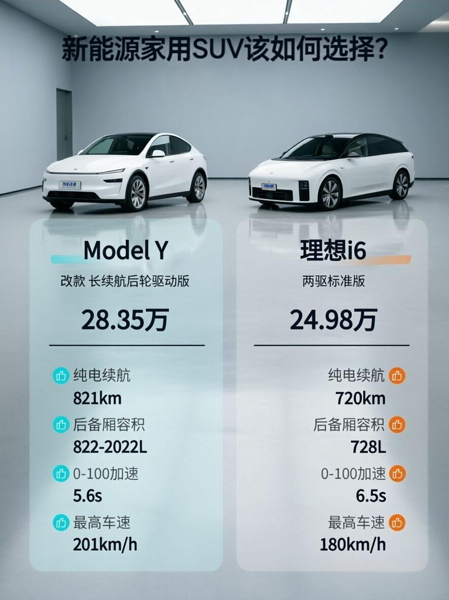 后台不少朋友在问理想i6和ModelY怎么选。一台是主打家庭舒适的新势力，一台