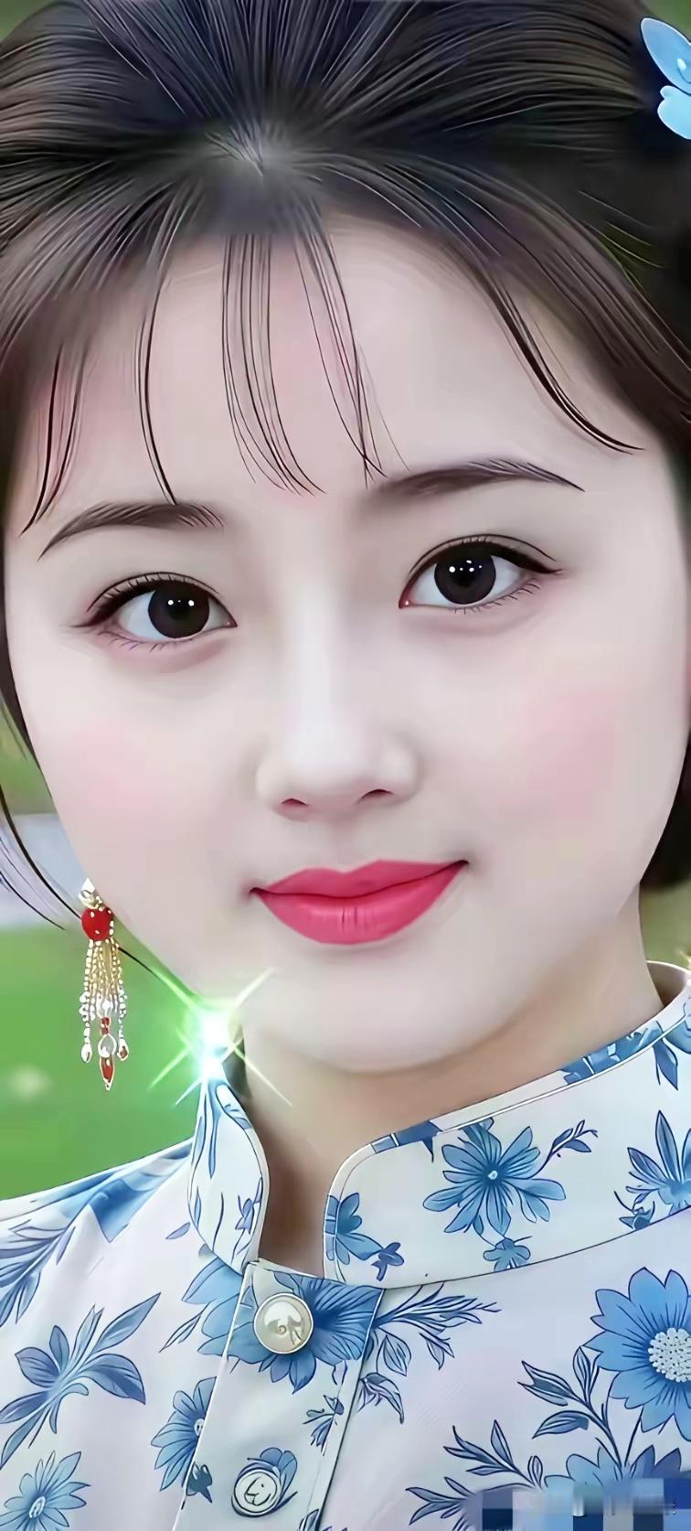 温柔甜美的古装少女，蓝花旗袍，红唇微笑，梦幻般的氛围。