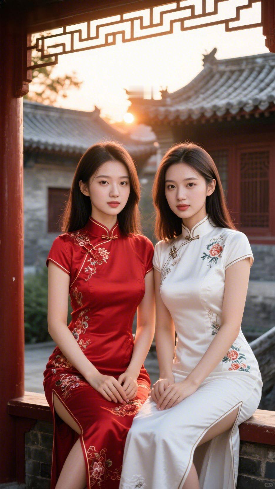 檐下旗袍染夕辉落日的碎金漫过古檐花窗时，她们正倚着朱栏静坐。一身红缎