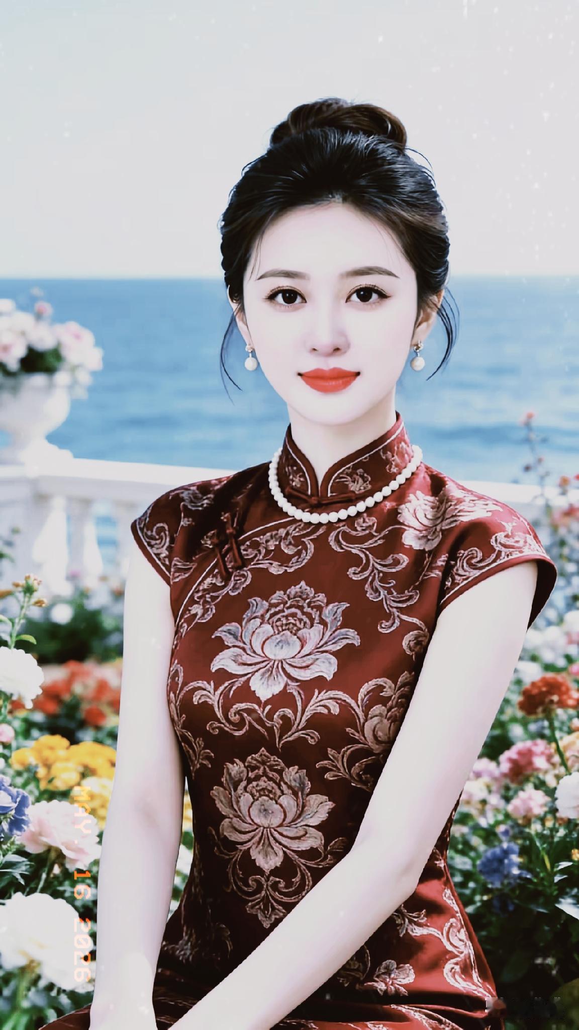优雅旗袍，海风轻拂，花海相伴，尽显东方韵味。
