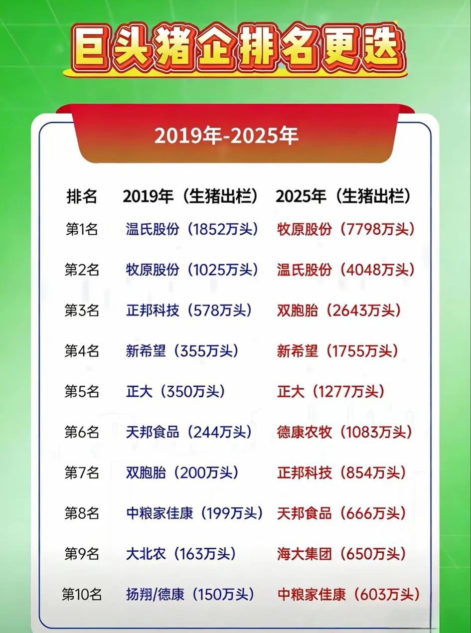 6年翻7倍！猪企排名大洗牌，牧原断层登顶2019-2025年猪企出栏排名彻