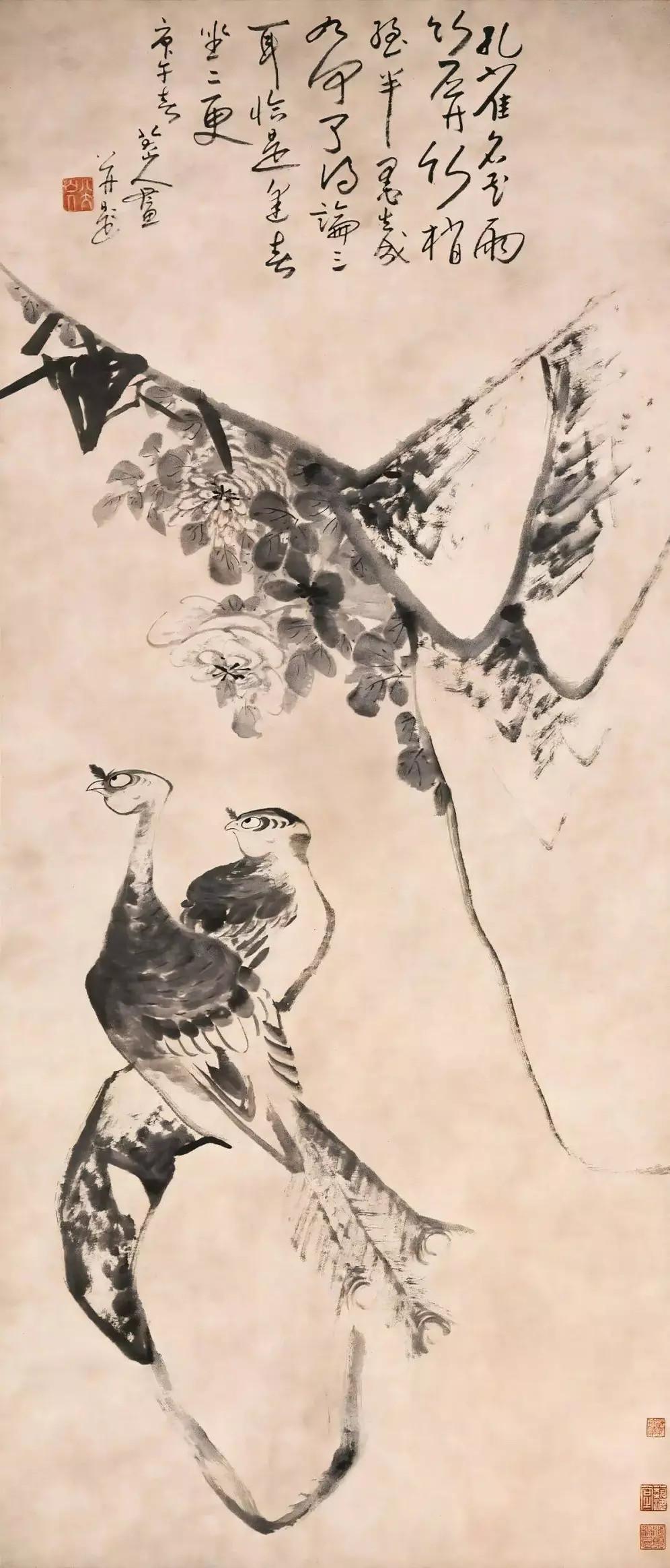 清八大山人孔雀竹石图轴，纸本墨笔169cm×72cm，康熙二十九年庚午（16