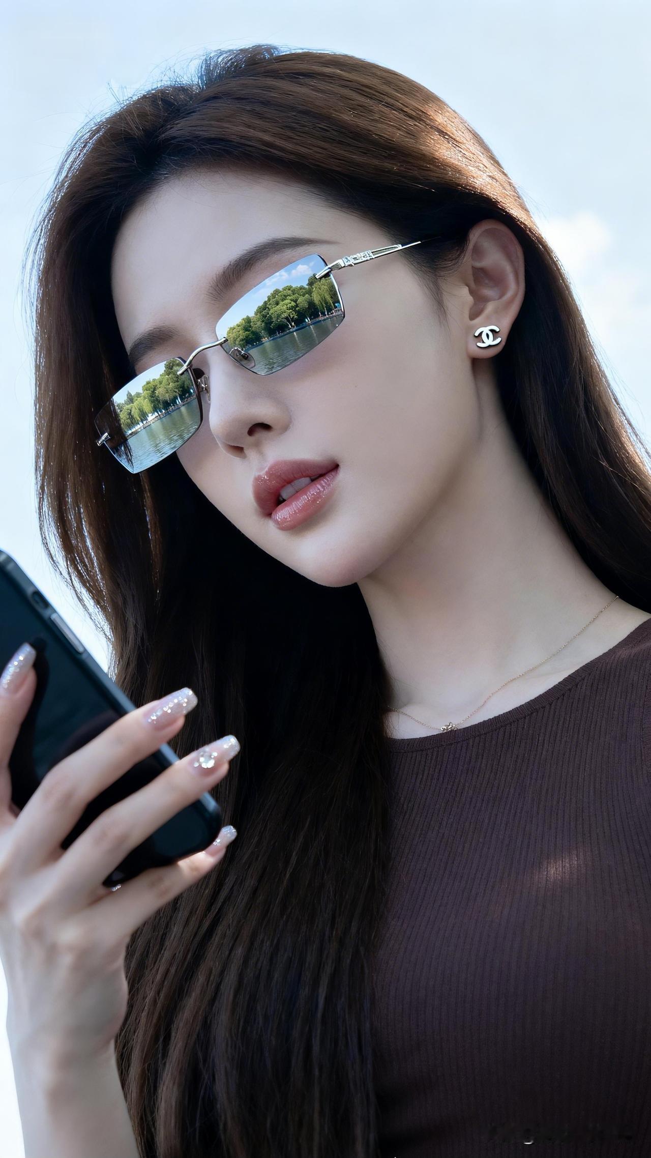 镜中人影，水边心事。手机随手拍美照夏日清凉穿搭指南，墨镜、手机、耳环，尽显时尚
