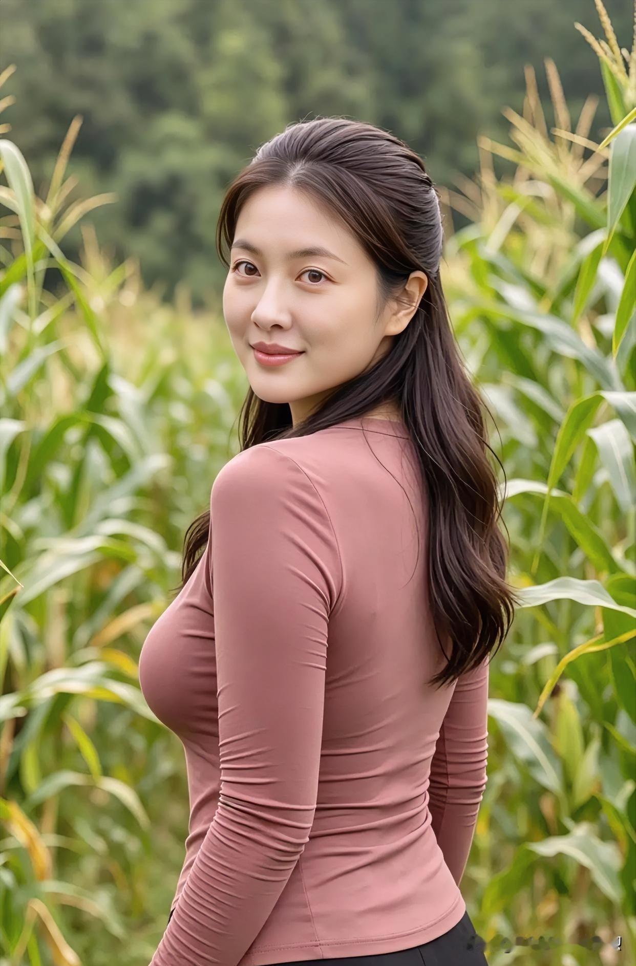 翠叶连天映粉裳，回眸浅笑意悠长。柔风拂过青禾浪，温婉如诗，清雅自芬芳，尽显田园灵