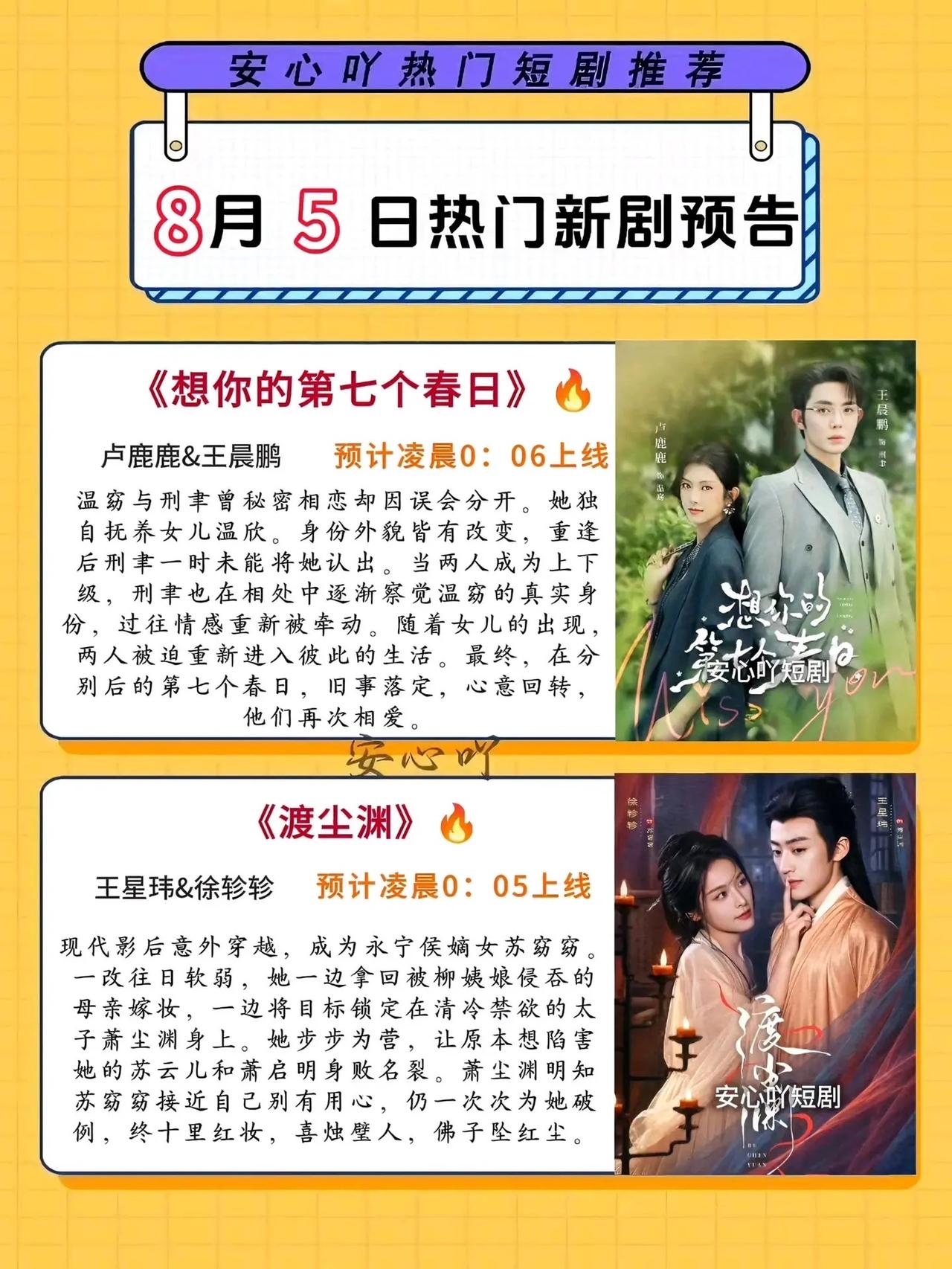 🔥📺8月5日短剧预告清单✨🔥1.🔥《想你的第七个春日》主演：卢鹿
