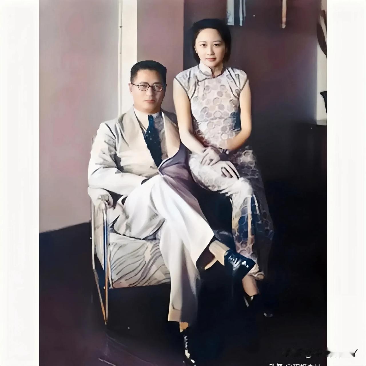 上世纪30年代，上海，宋子文夫妇二人年轻时的合影老照片