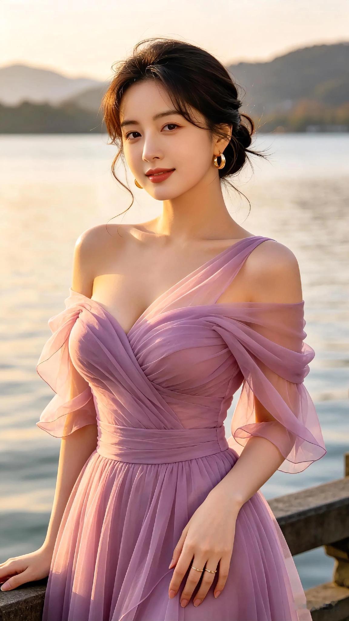 湖畔少女，粉裙飘逸，金耳闪耀，自然光下尽显优雅。海边美图晒一晒湖边温柔少女