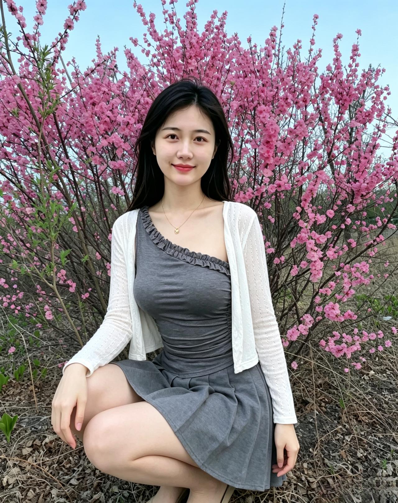 你蹲在盛放的花簇前风轻轻揉软了傍晚的光灰裙轻摆，白衫微凉所有盛开的嫣红都