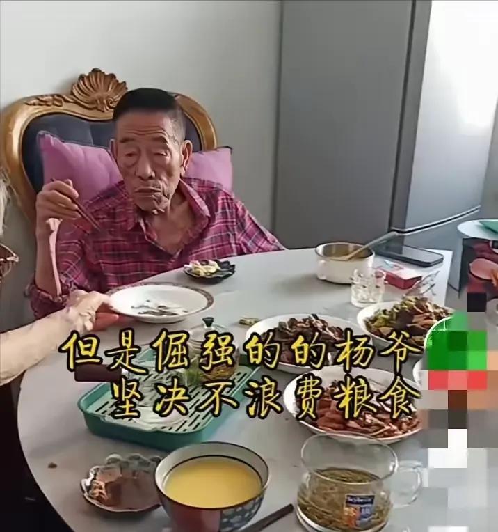 91岁的杨少华，这状态真让人心疼，他瘦成皮包骨头了，还去捡桌子上的饭粒……突