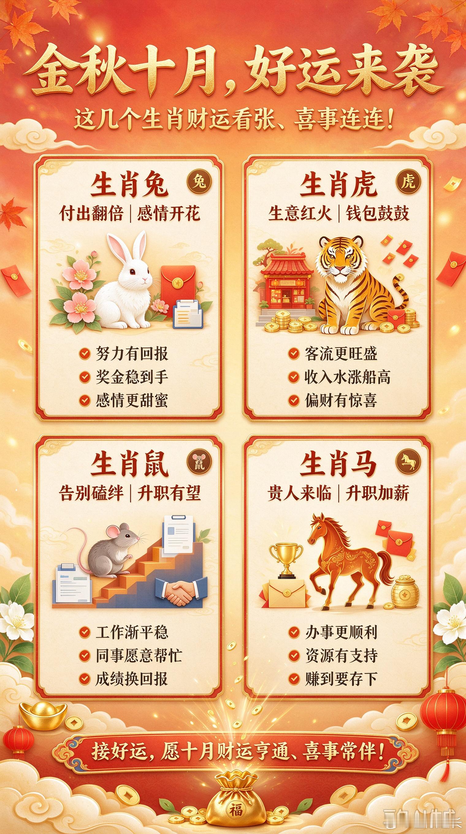 金秋十月，好运来袭，这几个生肖财运看涨、喜事连连！生肖兔：付出翻倍，感情开花10月属兔人的收获与付出